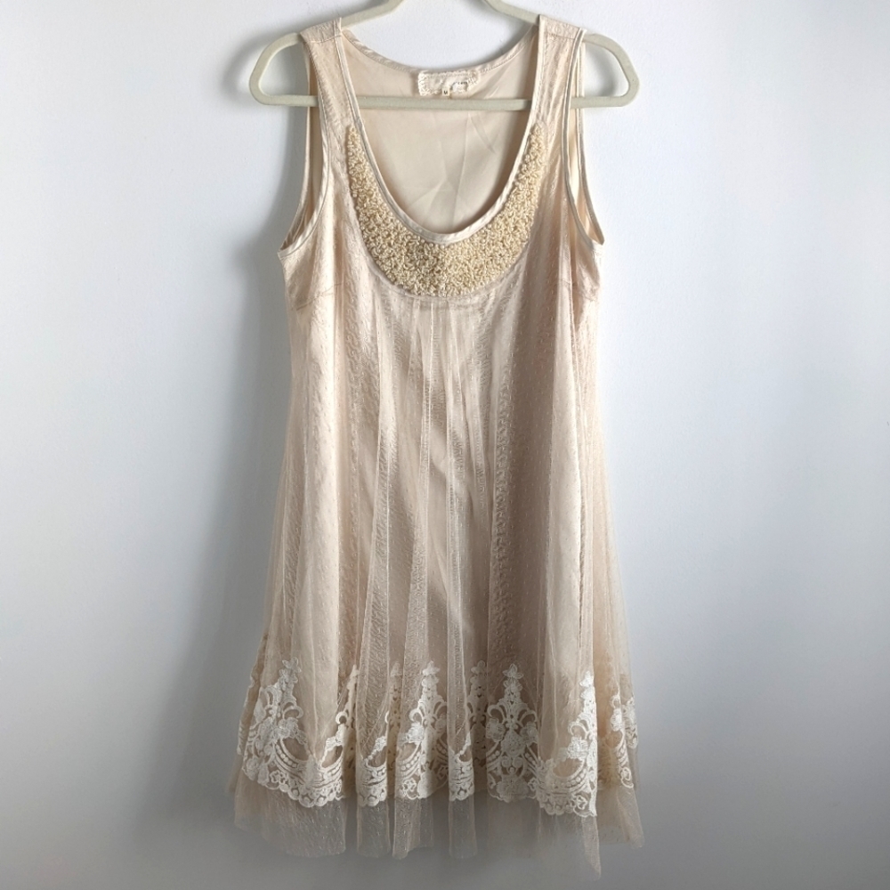 CREAM Slip Dress with Mesh and Lace Overlay M Coquette Lingerie Style